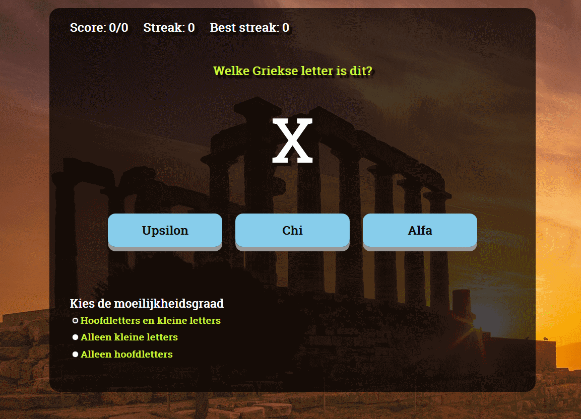Griekse letterquiz screenshot voorbeeld